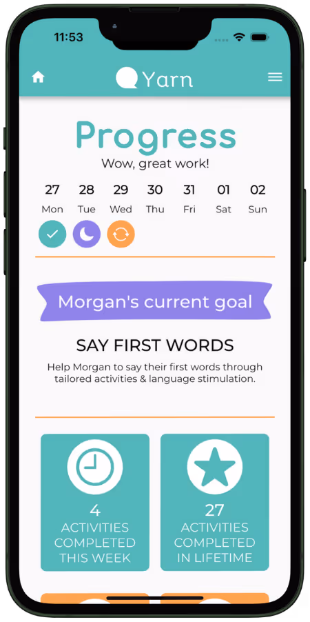 A phone with a preview of Yarn's mobile app displaying the progress of a child using the platform