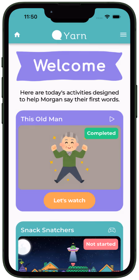 A phone with a preview of Yarn's mobile app displaying a list of curated daily activities for a child to do